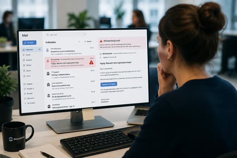 Illustration af phishing-træning hvor en medarbejder lærer at genkende en mistænkelig mail