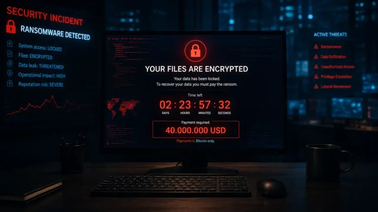 Hvad er ransomware? Illustration af ransomware-angreb med krypterede data og krav om løsesum mod virksomhed
