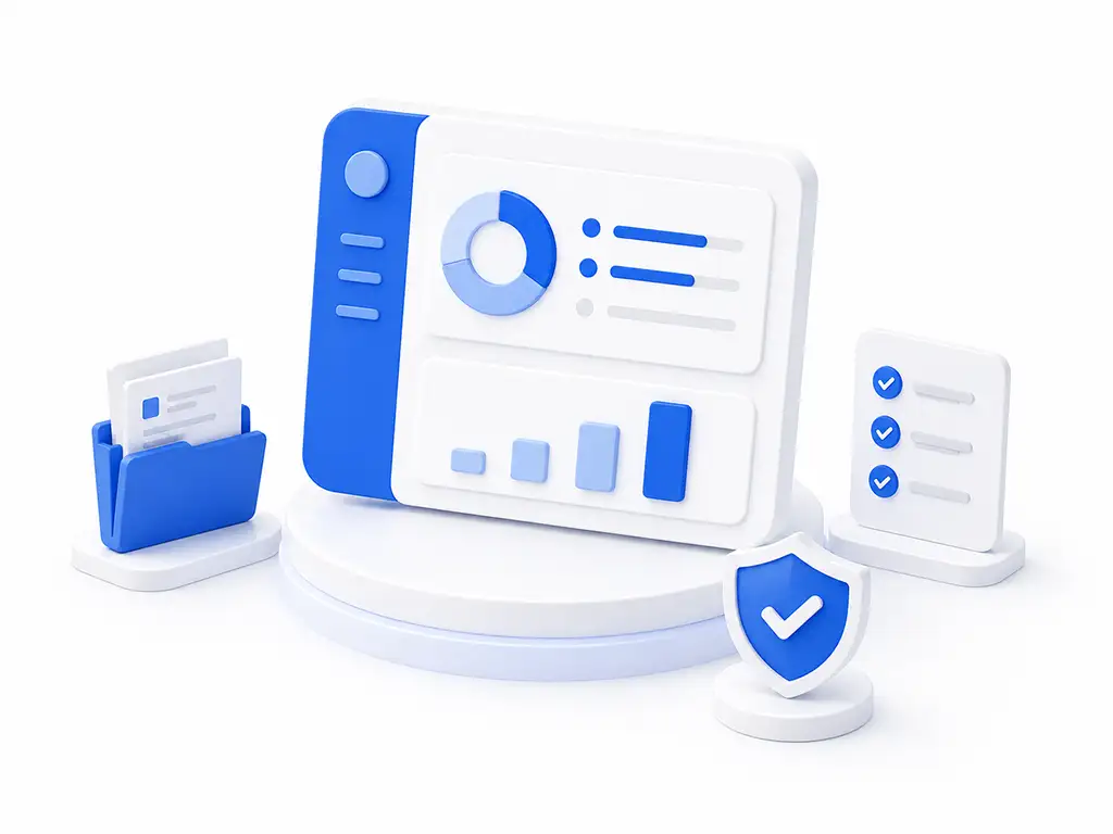 Illustration af CIS18 compliance med samlet dashboard, dokumentation, status og sikkerhedskontroller.
