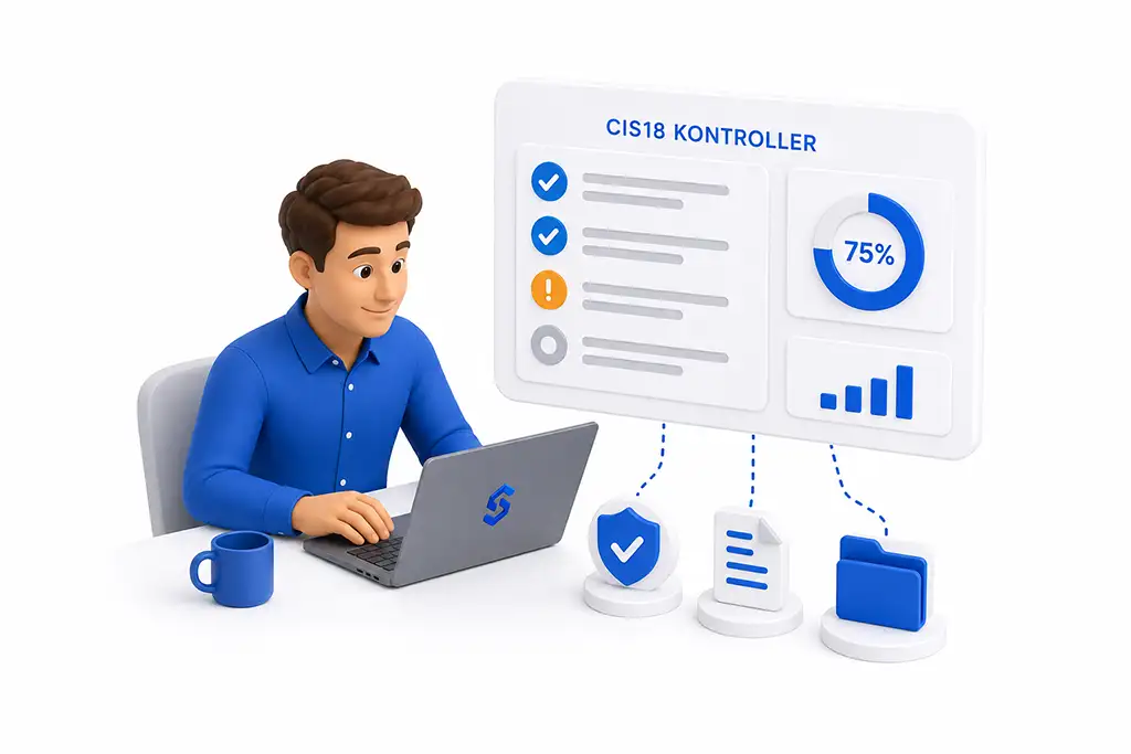 Illustration af kortlægning af CIS18-kontroller med sikkerhedsstatus, dokumentation og overblik over nuværende sikkerhedsniveau.
