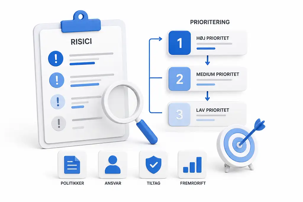 Illustration af risikobaseret prioritering i ISO 27001 med vurdering af risici, prioriterede indsatser og konkrete næste skridt.