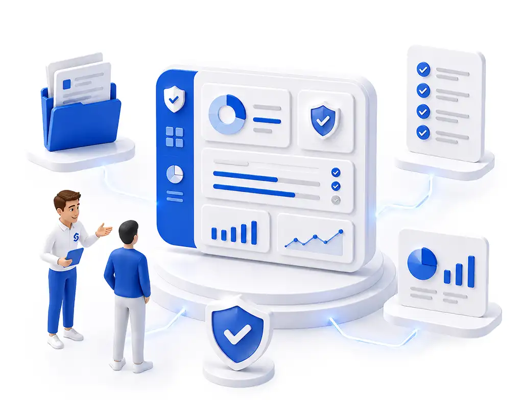 Illustration af NIS2-dashboard med overblik over status, dokumentation, rapportering og sikkerhedskontroller.