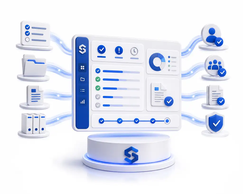 Illustration af SecureFirst-platform med samlet NIS2-overblik, opgaver, dokumentation, status og fremdrift i ét dashboard.