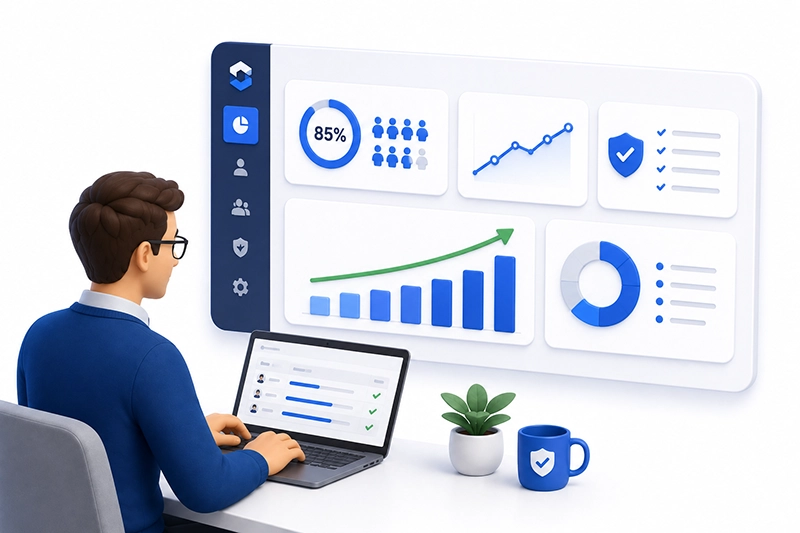 Illustration of a dashboard providing an overview of AI literacy training, employee completion rates, and progress.