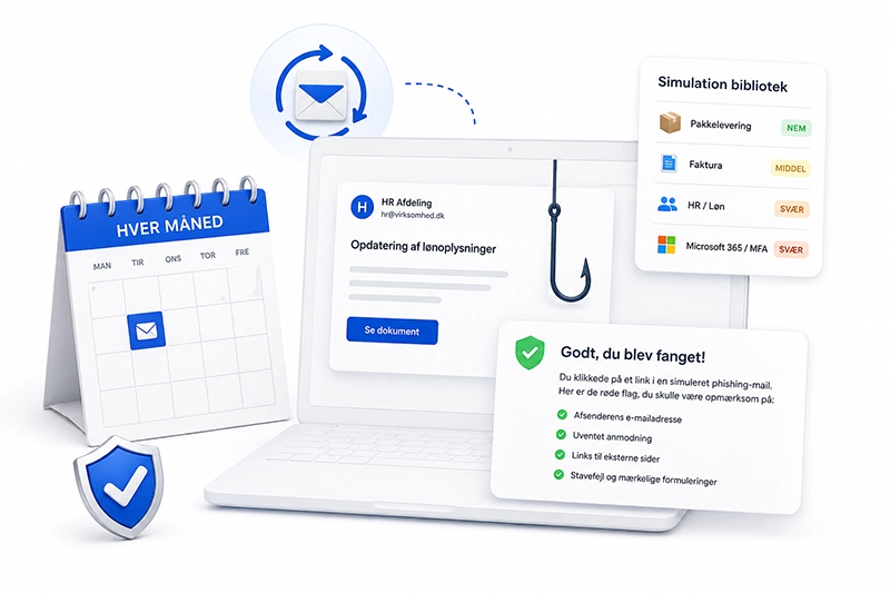 Illustration af automatiske phishing-tests med månedlige simulationer, realistiske phishing-mails, forskellige sværhedsgrader og øjeblikkelig feedback i SecureFirst.
