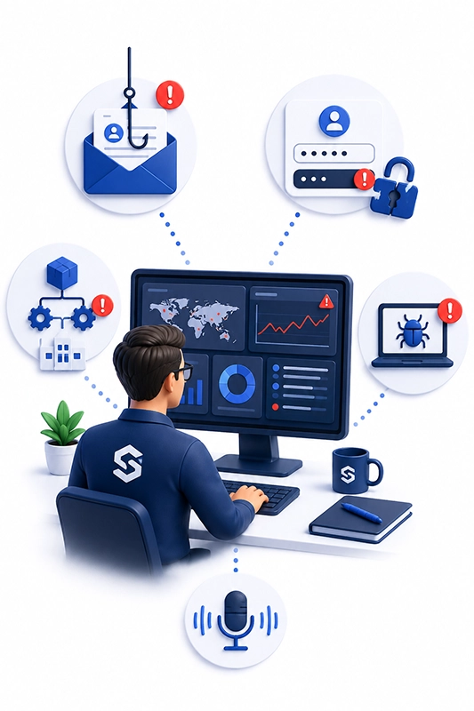 Illustration af avanceret IT-sikkerhedstræning med phishing, kompromitterede loginoplysninger, malware og moderne cybertrusler.