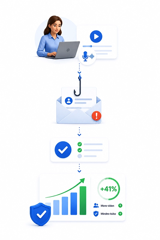 Awareness træning med dokumenteret effekt | SecureFirst Illustration of SecureFirst awareness training featuring short learning modules, phishing tests, feedback, and documented improvements in employees' security behavior.