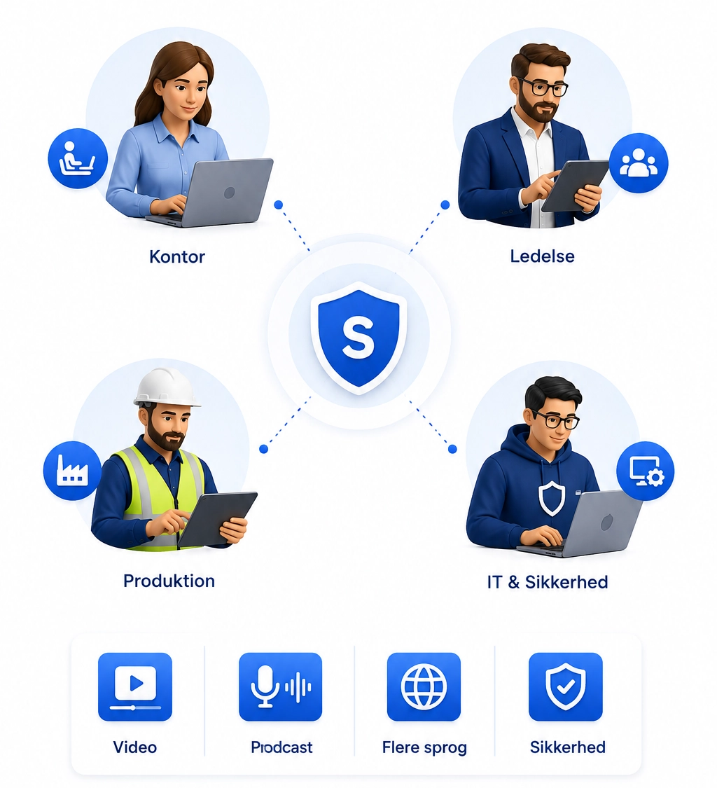 Awareness træning til forskellige roller og behov | SecureFirst Illustration of SecureFirst awareness training tailored to different employee roles, featuring short videos, podcasts, multiple languages, and a focus on IT security.