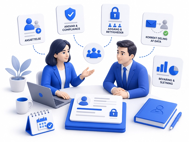 Illustration af GDPR for ledere og HR med fokus på medarbejderdata, adgangsrettigheder, compliance og sikker deling af personoplysninger.