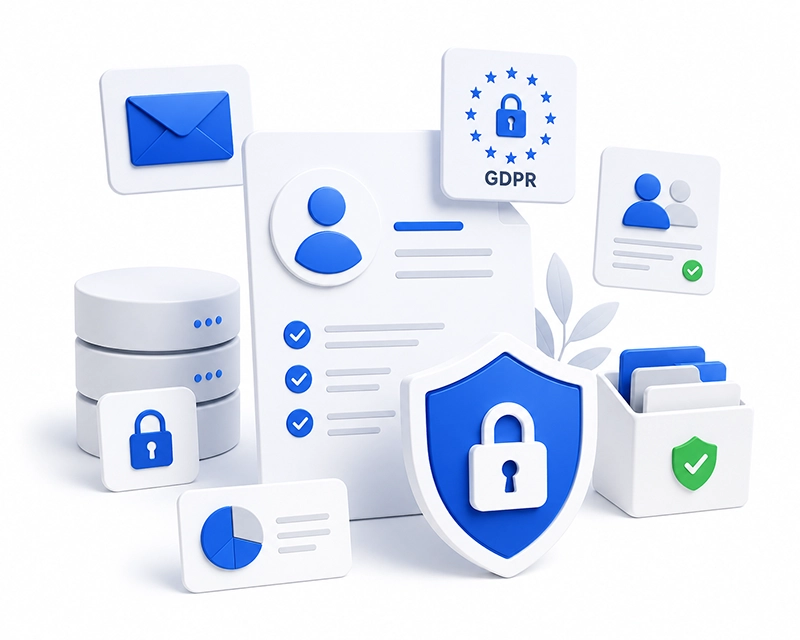 Illustration af GDPR-træning med beskyttelse af persondata, sikker opbevaring og korrekt håndtering af personoplysninger.