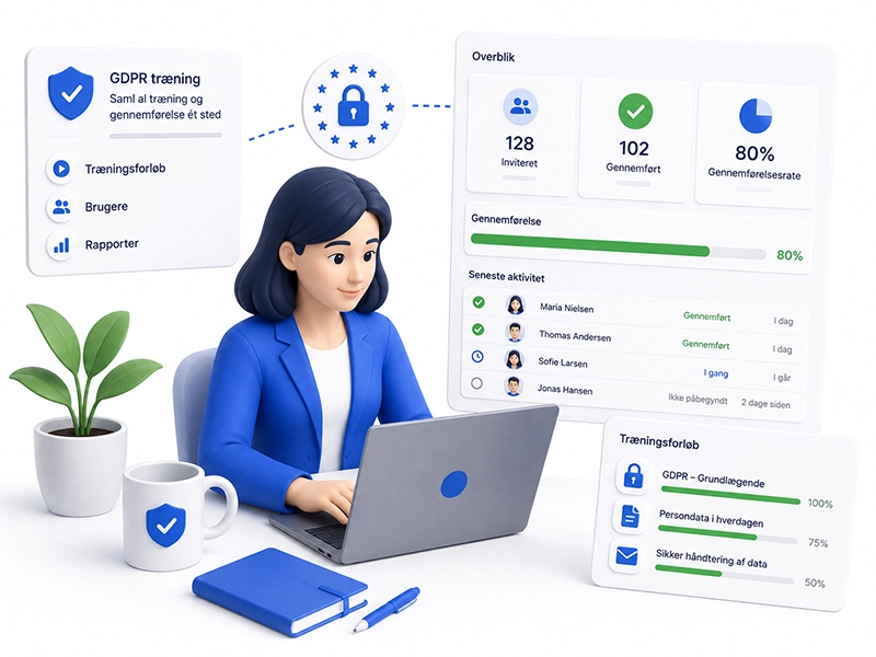 Illustration af dashboard til GDPR-træning med overblik over medarbejdere, gennemførelse og træningsstatus.