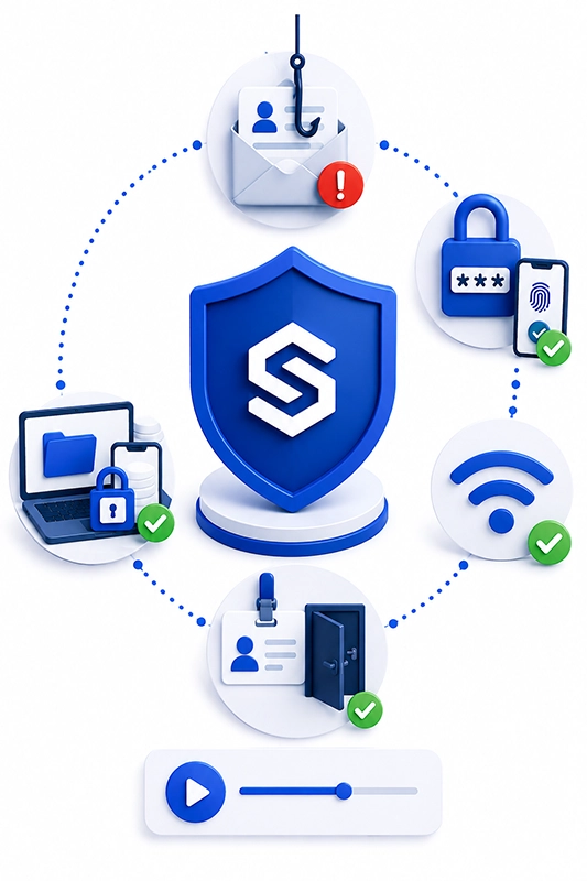 Illustration af grundlæggende IT-sikkerhed med phishing, adgangskoder, MFA, sikre enheder, WiFi og adgangskontrol.