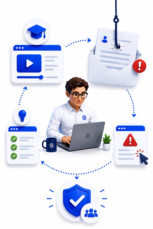Illustration af SecureFirst IT-sikkerhedstræning, hvor medarbejdere lærer gennem korte kurser, realistiske phishing-tests og praktisk feedback.