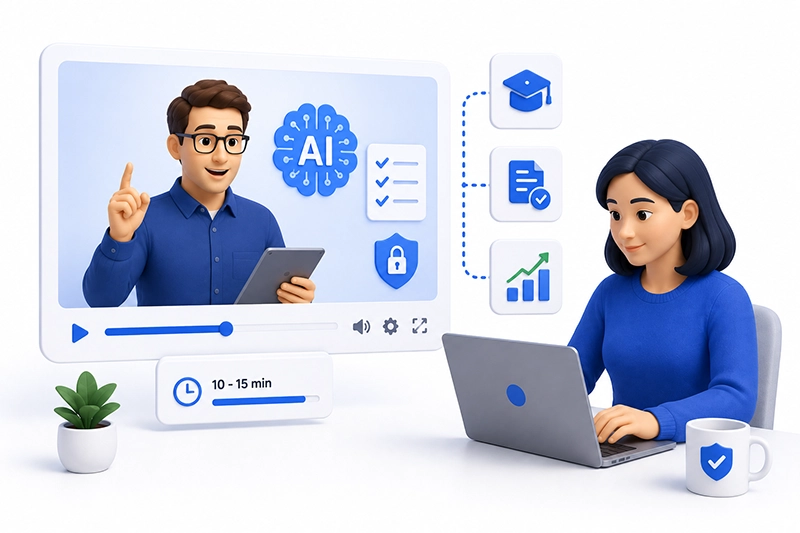 Illustration of an employee completing AI literacy training using short videos and hands-on learning.