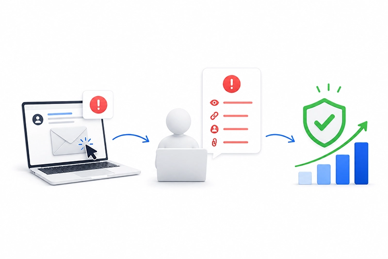 Illustration af en phishing simulation, hvor en medarbejder klikker på en simuleret phishing-mail, får øjeblikkelig feedback og styrker sin evne til at genkende phishing.