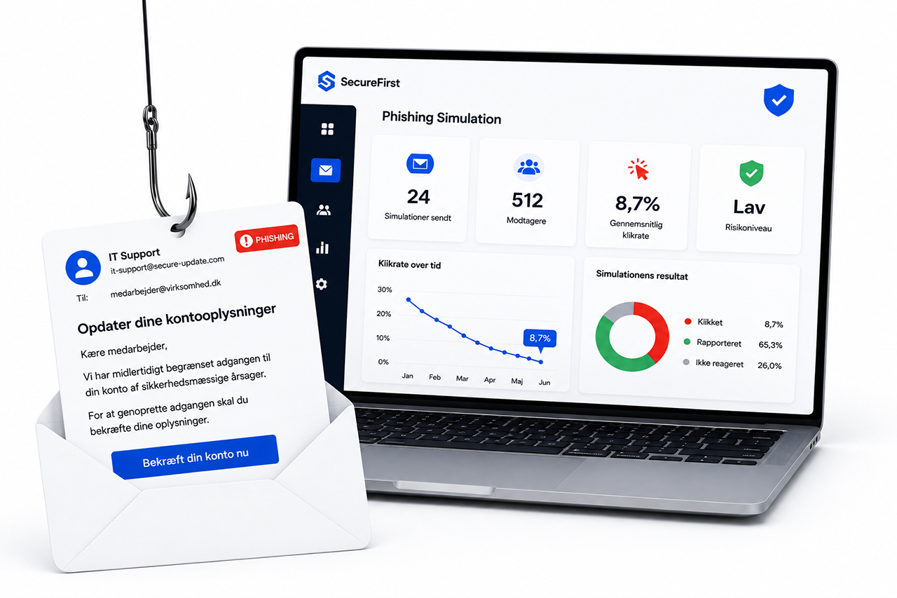 Illustration af en realistisk phishing-mail med fiskekrog foran SecureFirsts phishing simulation-dashboard, der viser klikrater, rapportering og sikkerhedsoverblik.