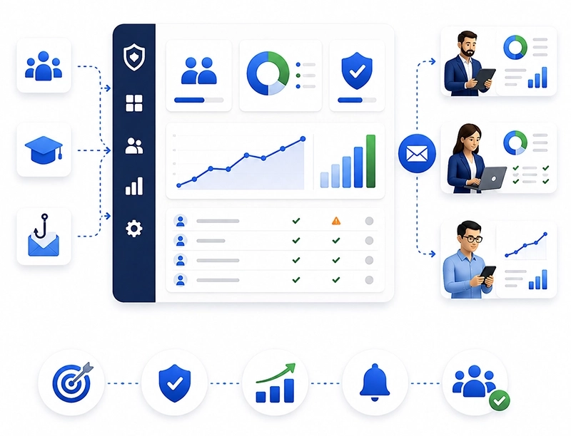Illustration of the SecureFirst dashboard providing a comprehensive overview of awareness training, phishing results, progress, and reporting to department heads.