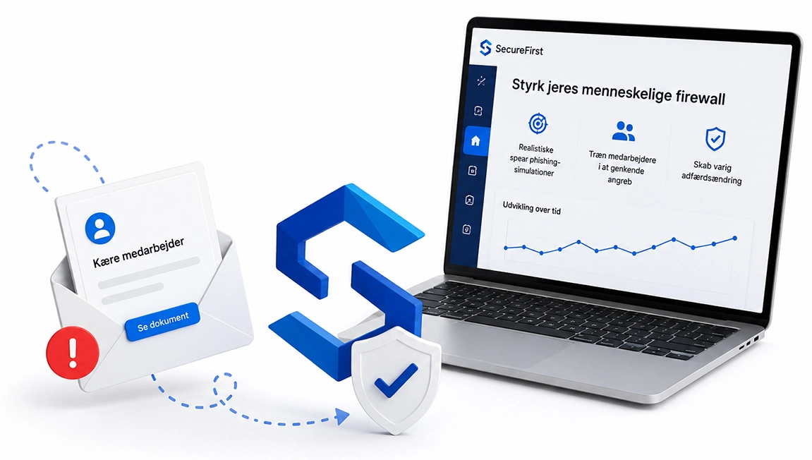 Illustration af en realistisk phishing-mail med fiskekrog foran SecureFirsts phishing simulation-dashboard, der viser klikrater, rapportering og sikkerhedsoverblik.