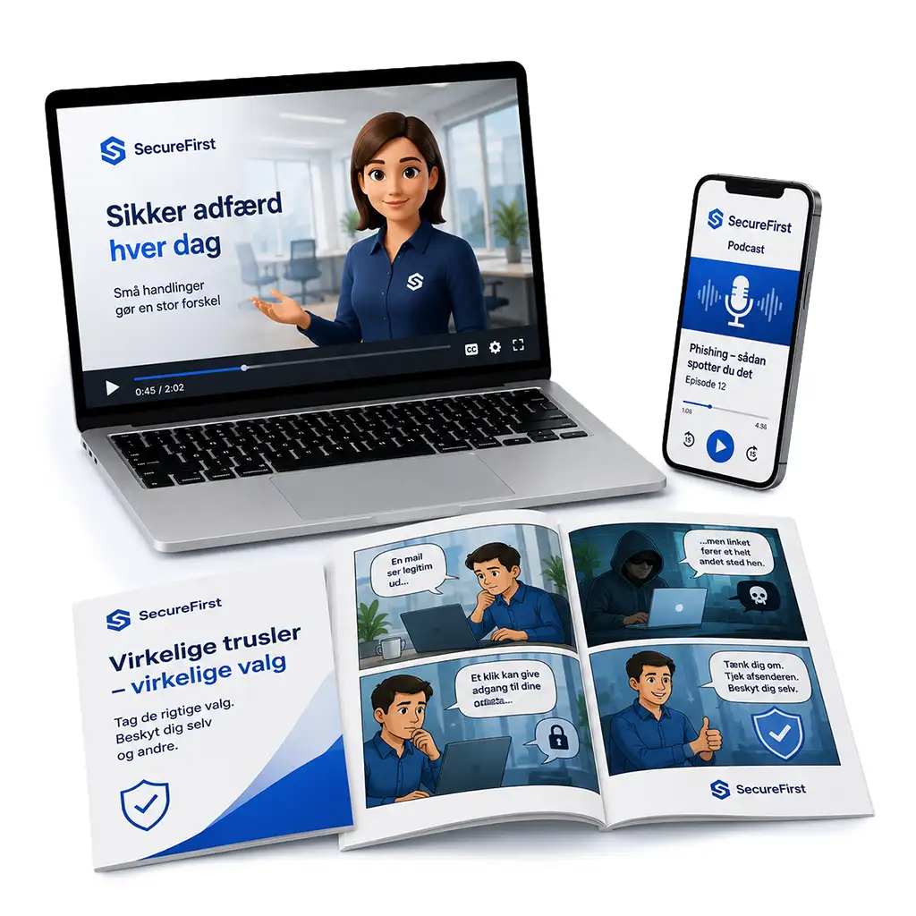 Laptop med SecureFirst-læringsvideo, mobil med podcast og tegneserie som eksempler på tilpasset awareness-træning i forskellige formater.