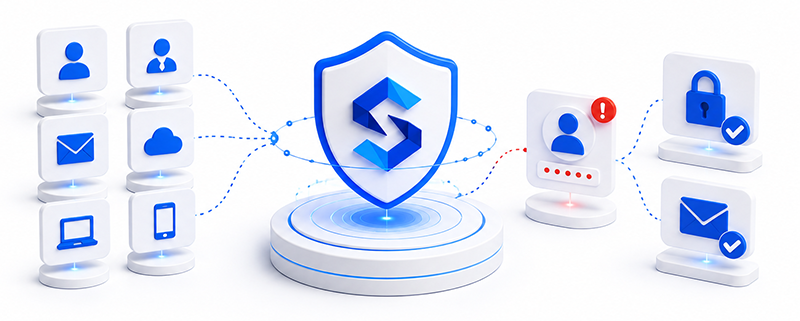 Automatisk håndtering af databrud | SecureFirst Illustration of SecureFirst, which automatically detects data breaches and helps secure affected employee accounts.