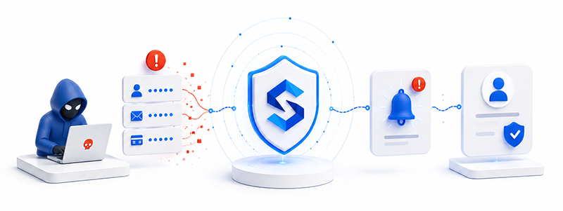 Illustration of how SecureFirst detects leaked login credentials, sends an alert, and helps the company protect the affected account.