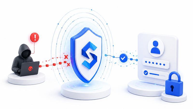 Luk døren for hackerne | SecureFirst Illustration of SecureFirst, which protects employee accounts against the misuse of leaked login credentials.