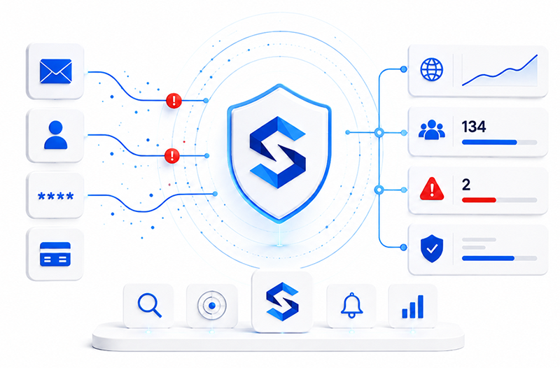 Illustration of SecureFirst's monitoring of data breaches and leaked login credentials with automatic detection of security incidents.