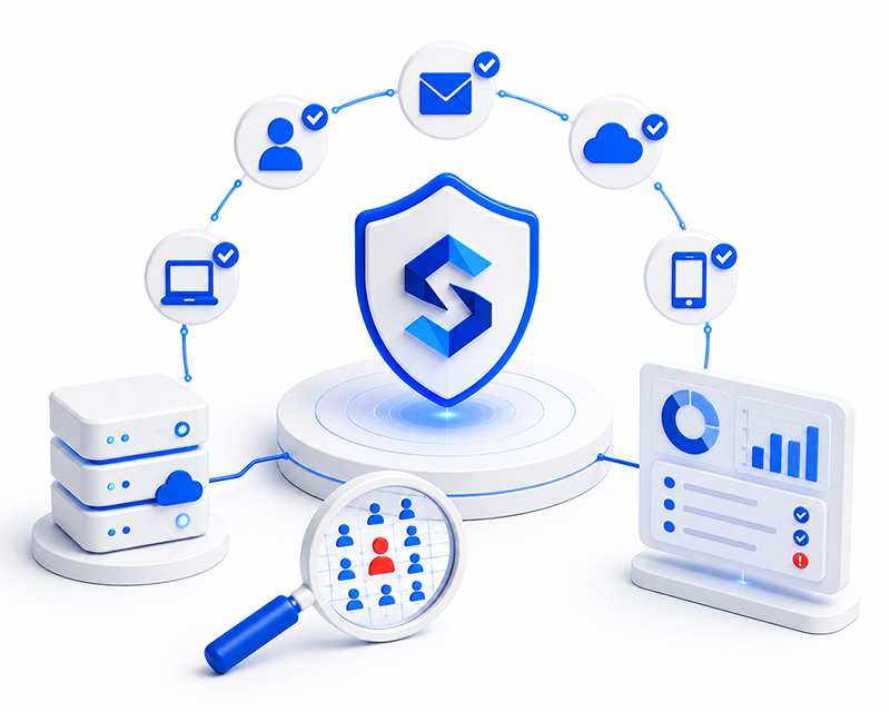 Illustration of SecureFirst's comprehensive overview of data breaches, monitored employee accounts, and recorded security incidents.